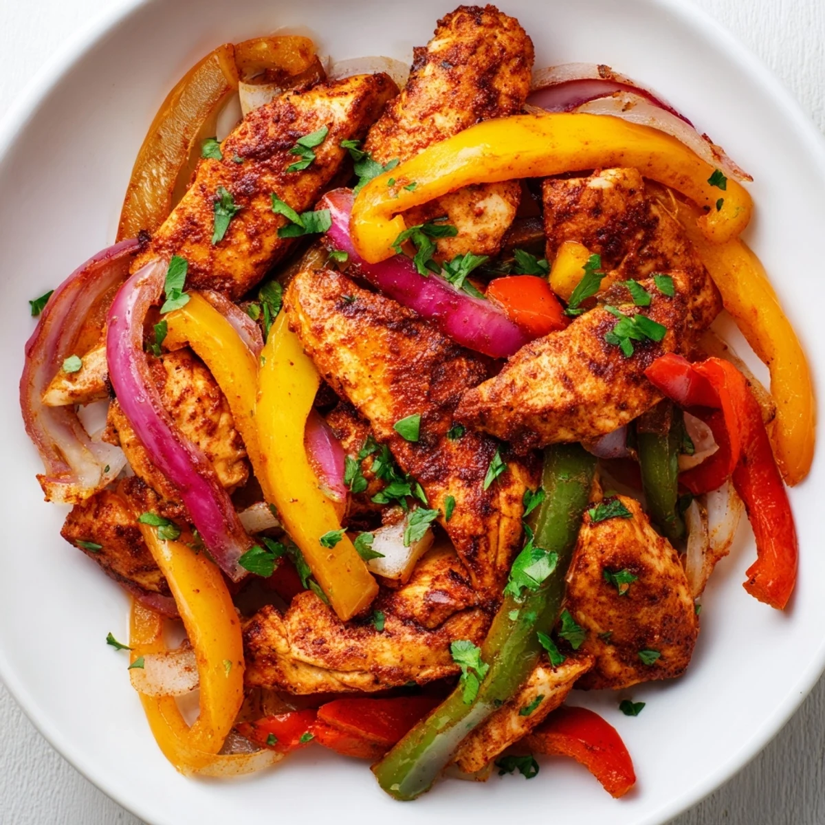 Golden Cajun chicken pieces and vibrant red, yellow, and green bell peppers sizzling together in a rustic cast-iron skillet.