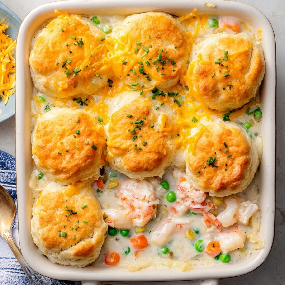 Golden Seafood Pot Pie with Cheddar Bay Biscuit Topping bubbling from the oven in a rustic skillet.  