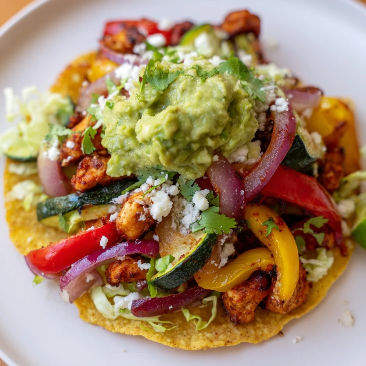 Golden crispy corn tostadas are loaded with spiced chicken and sautéed veggies under fresh guacamole.