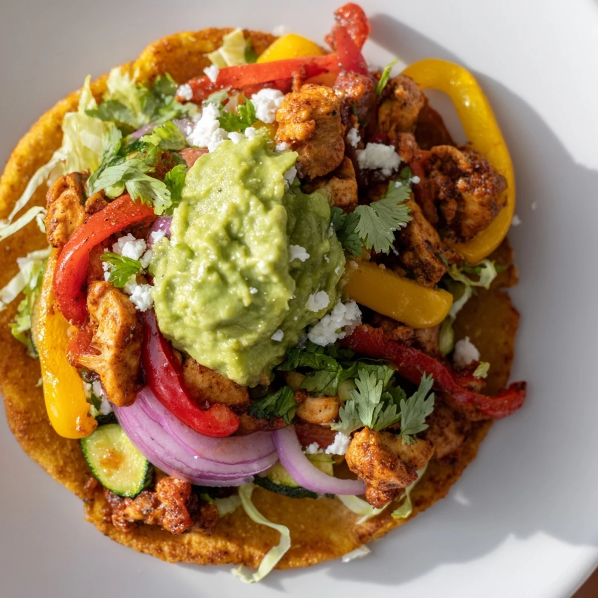Serve these Chicken Veggie Tostadas With Guacamole immediately for a vibrant, satisfying gluten-free meal.