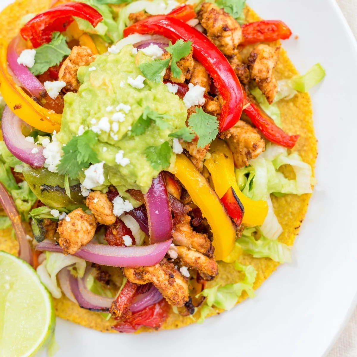 Homemade guacamole tops warm tostadas with tender chicken and colorful peppers for a crunchy bite.