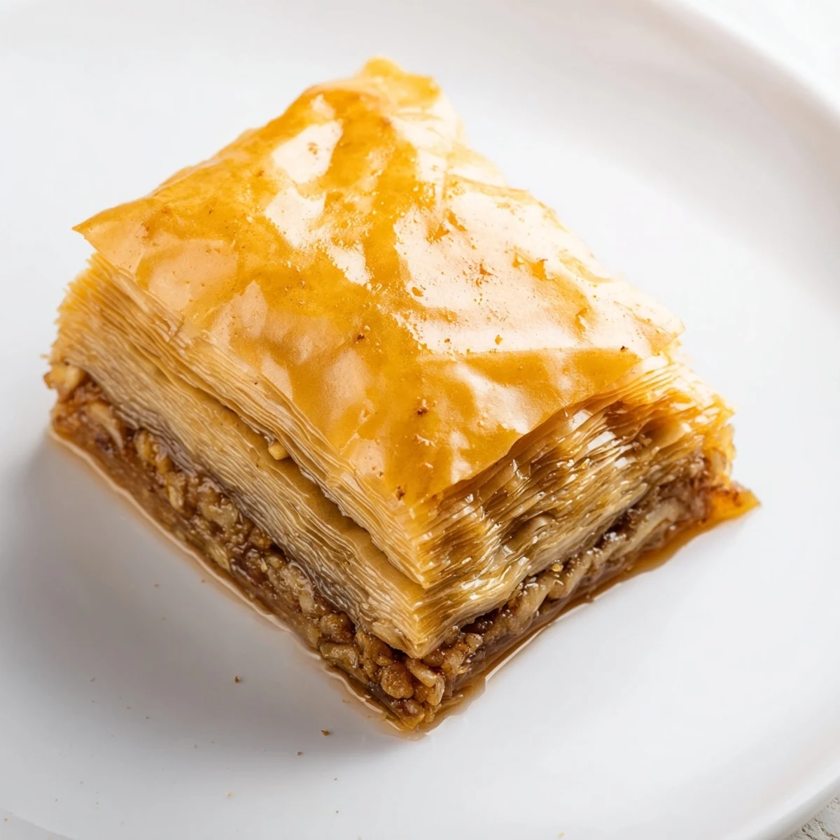 Crisp, golden Greek Baklava squares glistening with honey syrup and filled with walnuts and pistachios.