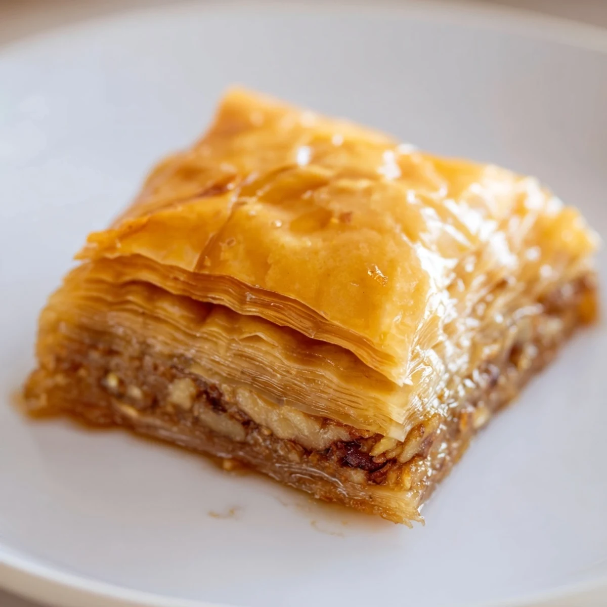 A close-up of layered Greek Baklava showcasing flaky phyllo pastry and a nut cinnamon filling.
