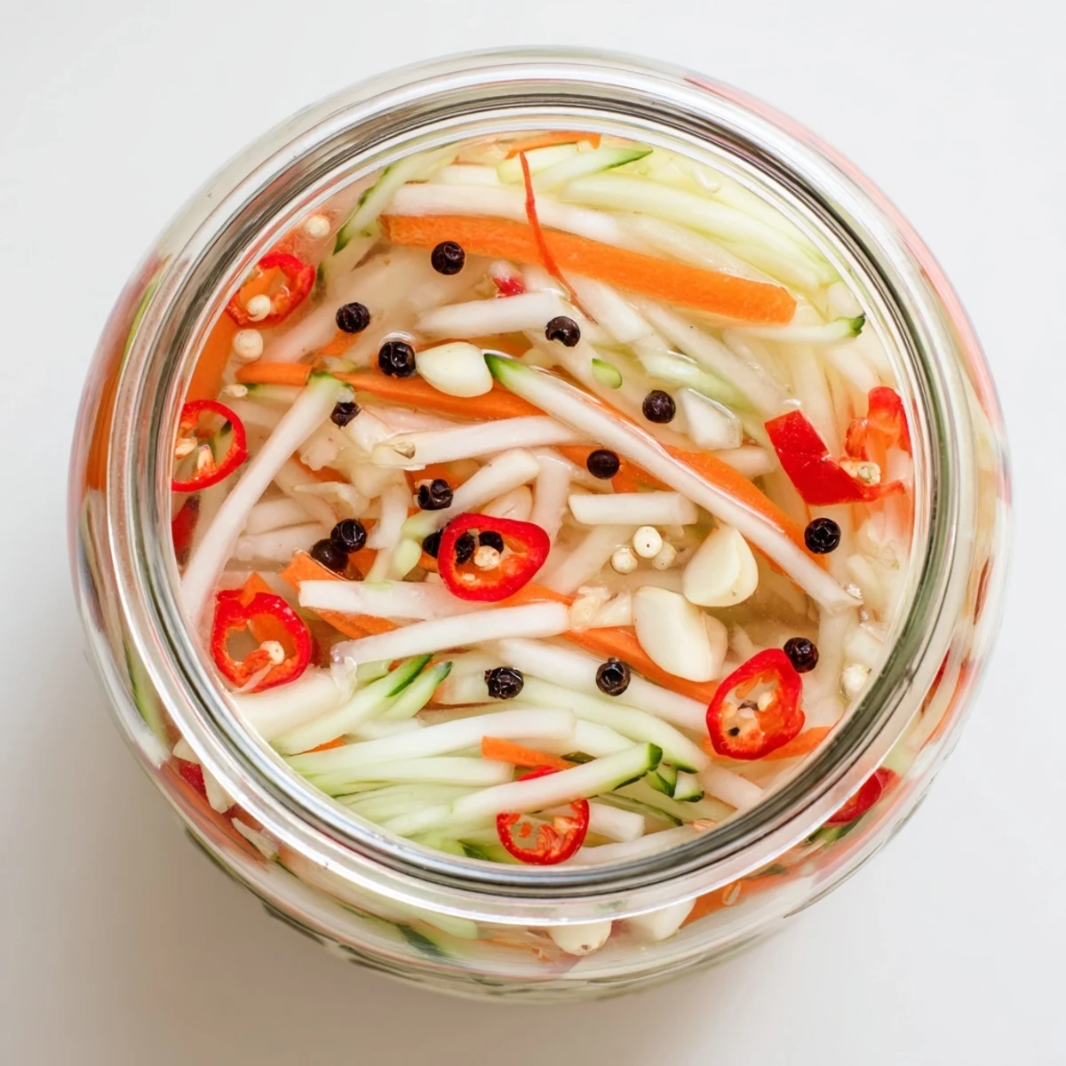 Freshly pickled Vietnamese Vegetable Pickle Medley showcasing vibrant julienned daikon and carrots glistening in tangy brine.