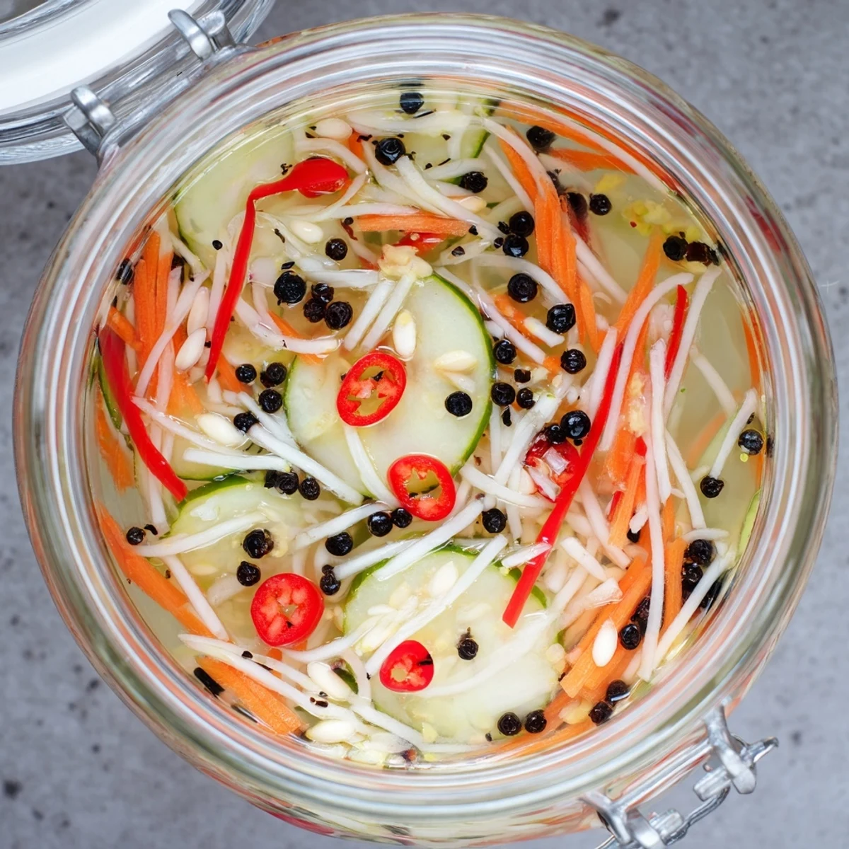 Colorful Vietnamese Vegetable Pickle Medley displayed in a clear jar with crunchy cucumbers and sweet red bell pepper slices.