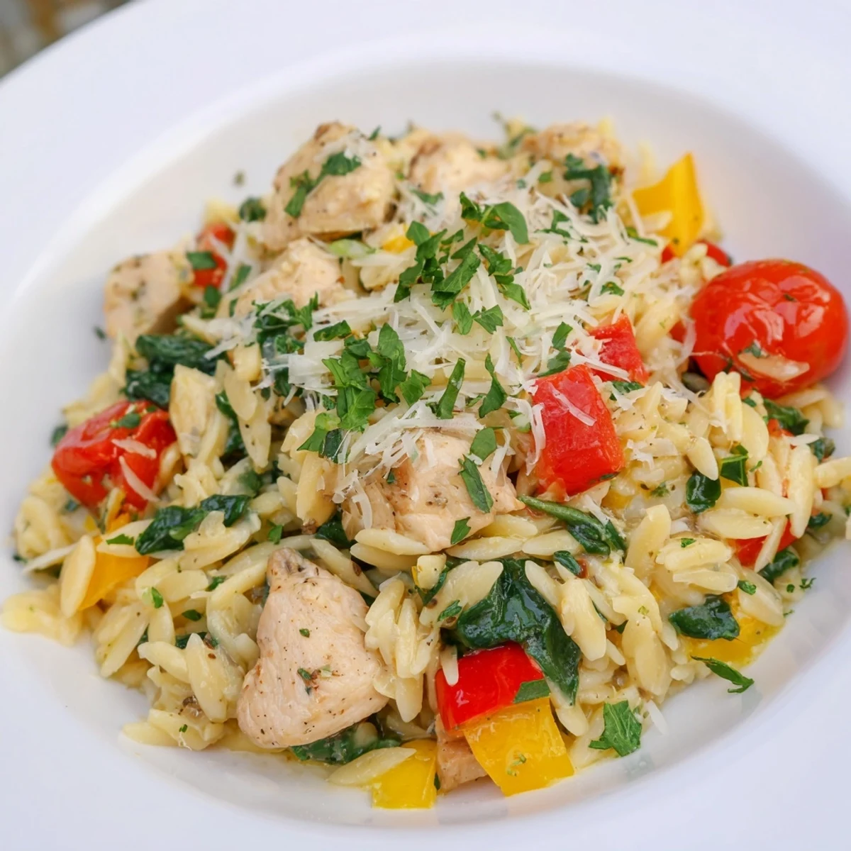 Golden-brown chicken pieces nestled in creamy orzo with cherry tomatoes and spinach in a herbed sauce.