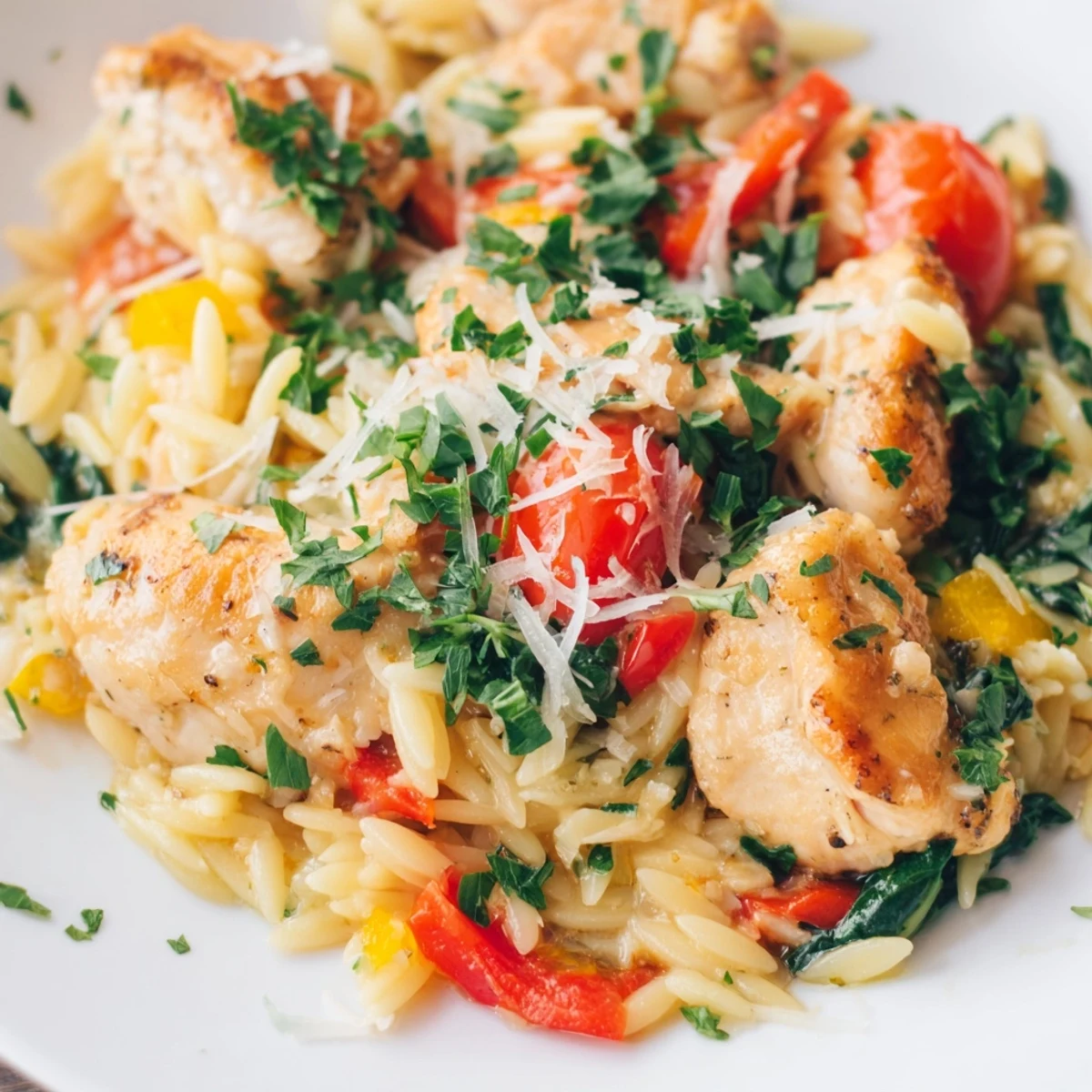 A close-up of High Protein Chicken Orzo in a skillet, garnished with fresh parsley and Parmesan.