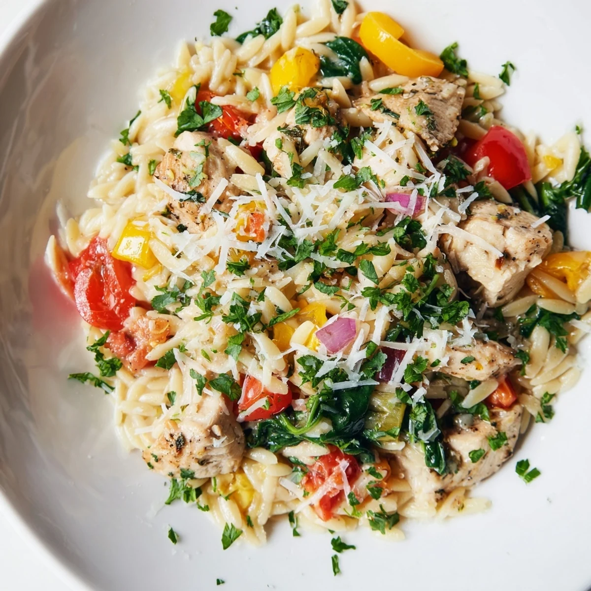 Easy one-pan Mediterranean High Protein Chicken Orzo served hot in a skillet, ready for dinner.