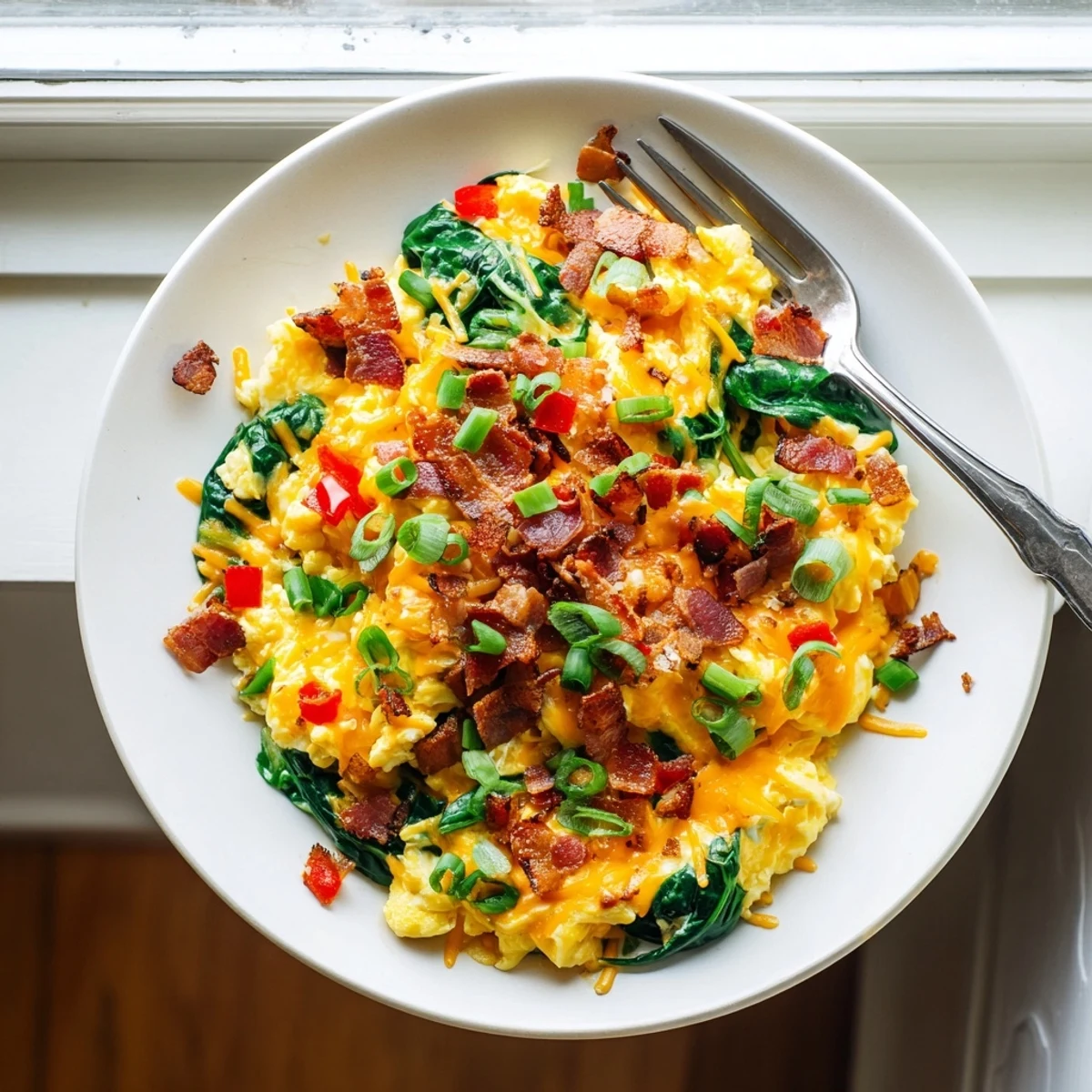 Fluffy Loaded Scrambled Eggs topped with melted cheddar, crumbled bacon, and fresh green onions on a warm plate.
