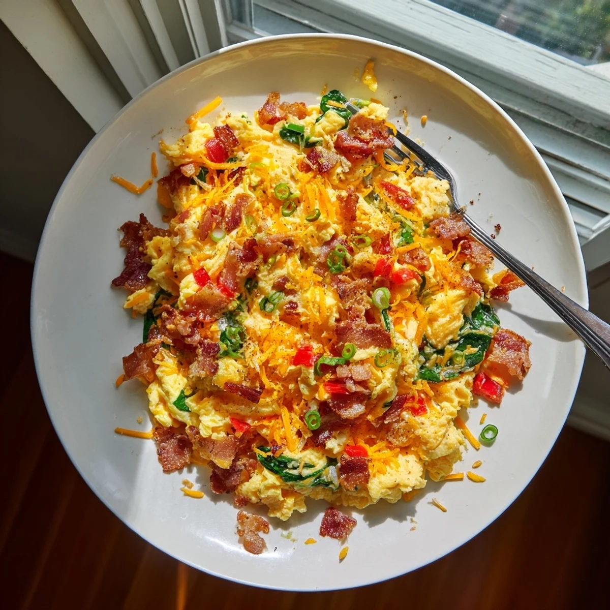 A hearty serving of Loaded Scrambled Eggs with sautéed red bell peppers and spinach, perfect for a savory American breakfast.