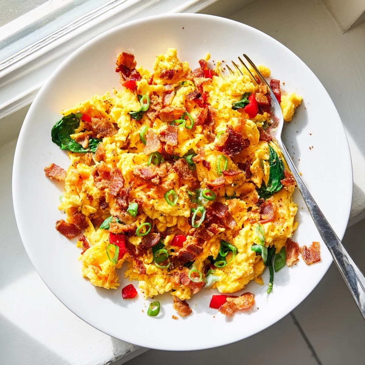 Delicious Loaded Scrambled Eggs featuring crispy bacon bits, soft scrambled eggs, and melted cheese, served alongside toast for brunch.