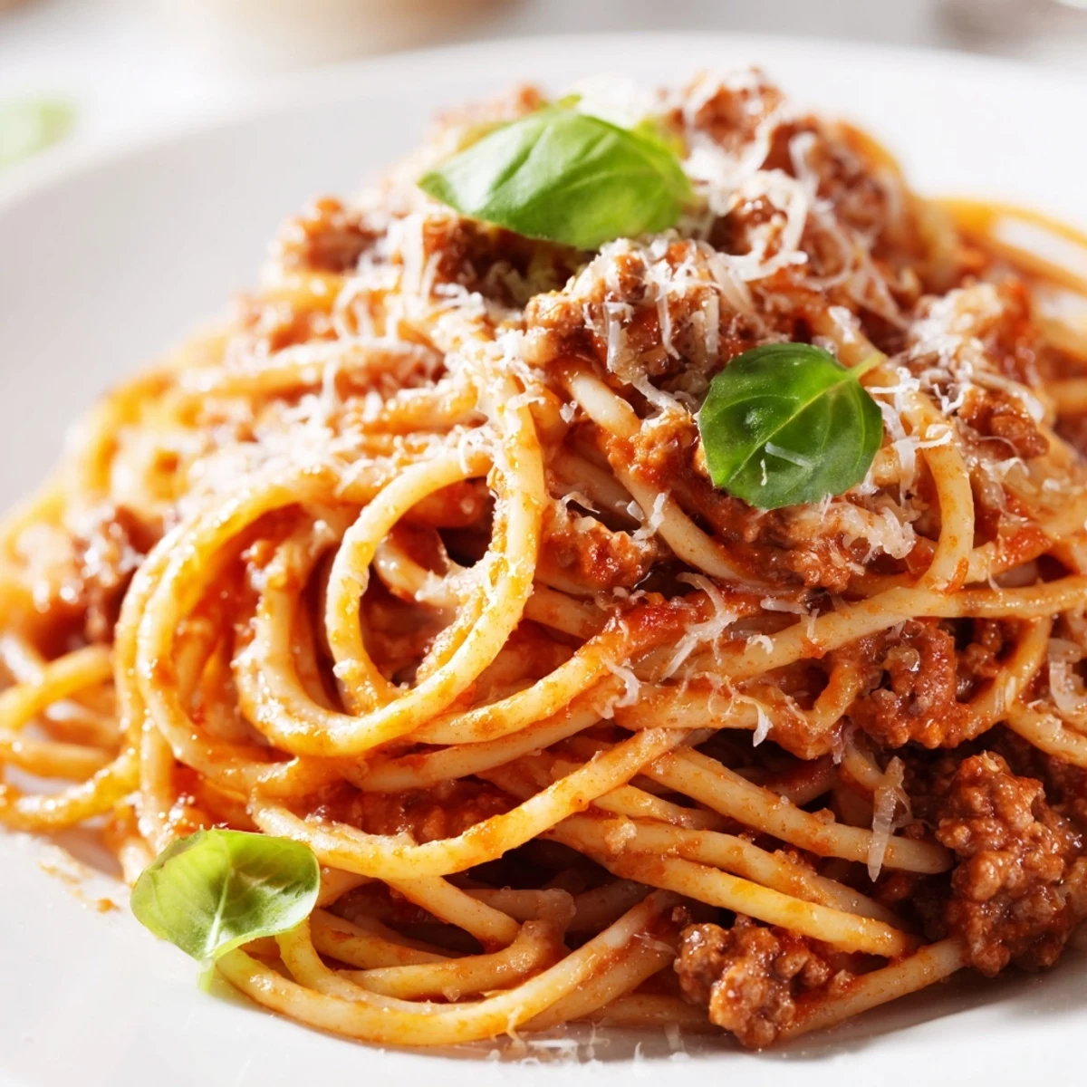 Steam rises from a bowl of The Bear Spaghetti, topped with fresh basil and grated Parmesan.