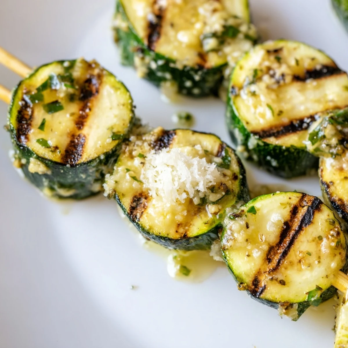 Grilled Garlic Butter Zucchini Skewers on a wooden board with lemon wedges and fresh parsley.