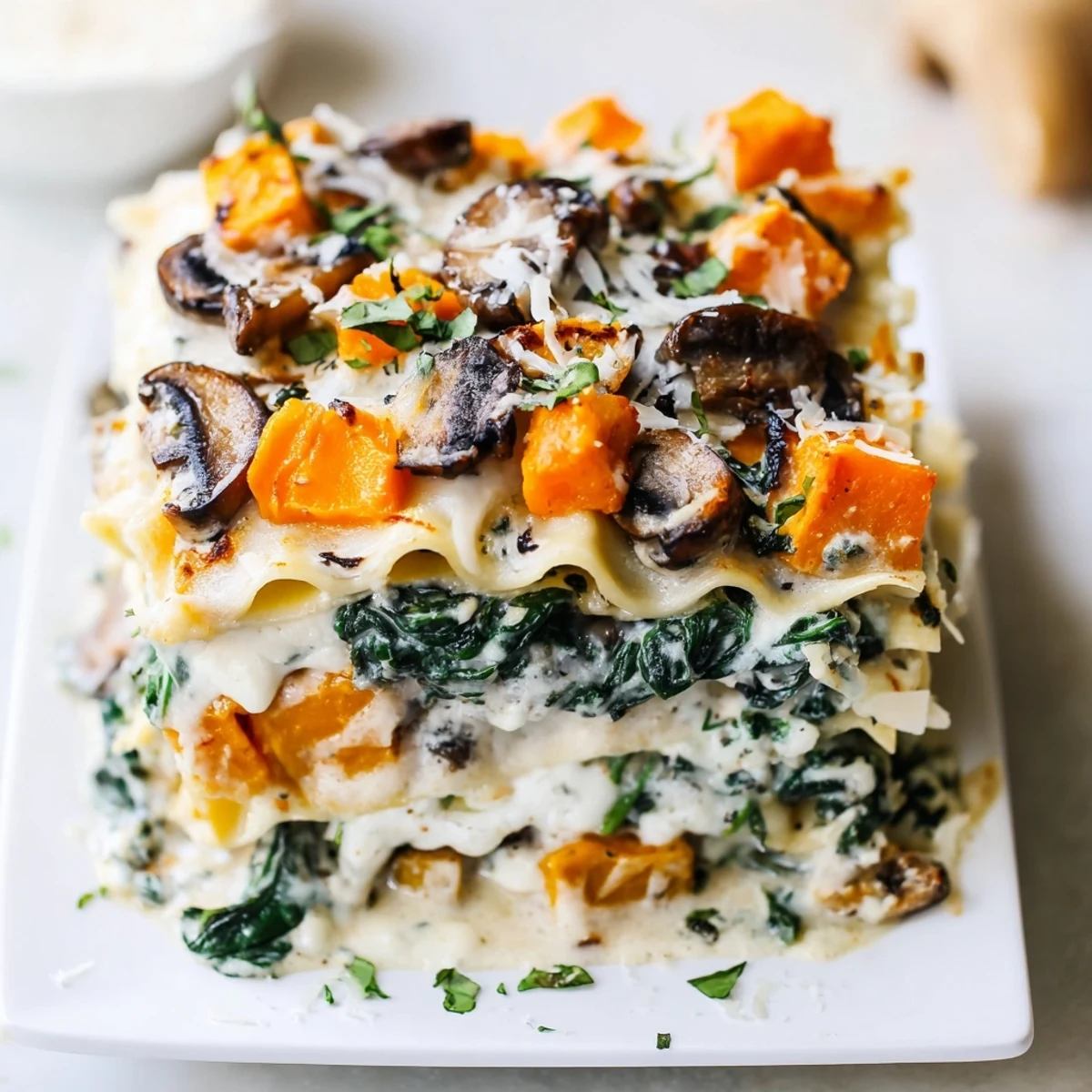 Golden, bubbling layers of Butternut Squash, Spinach & Mushroom Lasagna with creamy béchamel and fresh basil garnish.