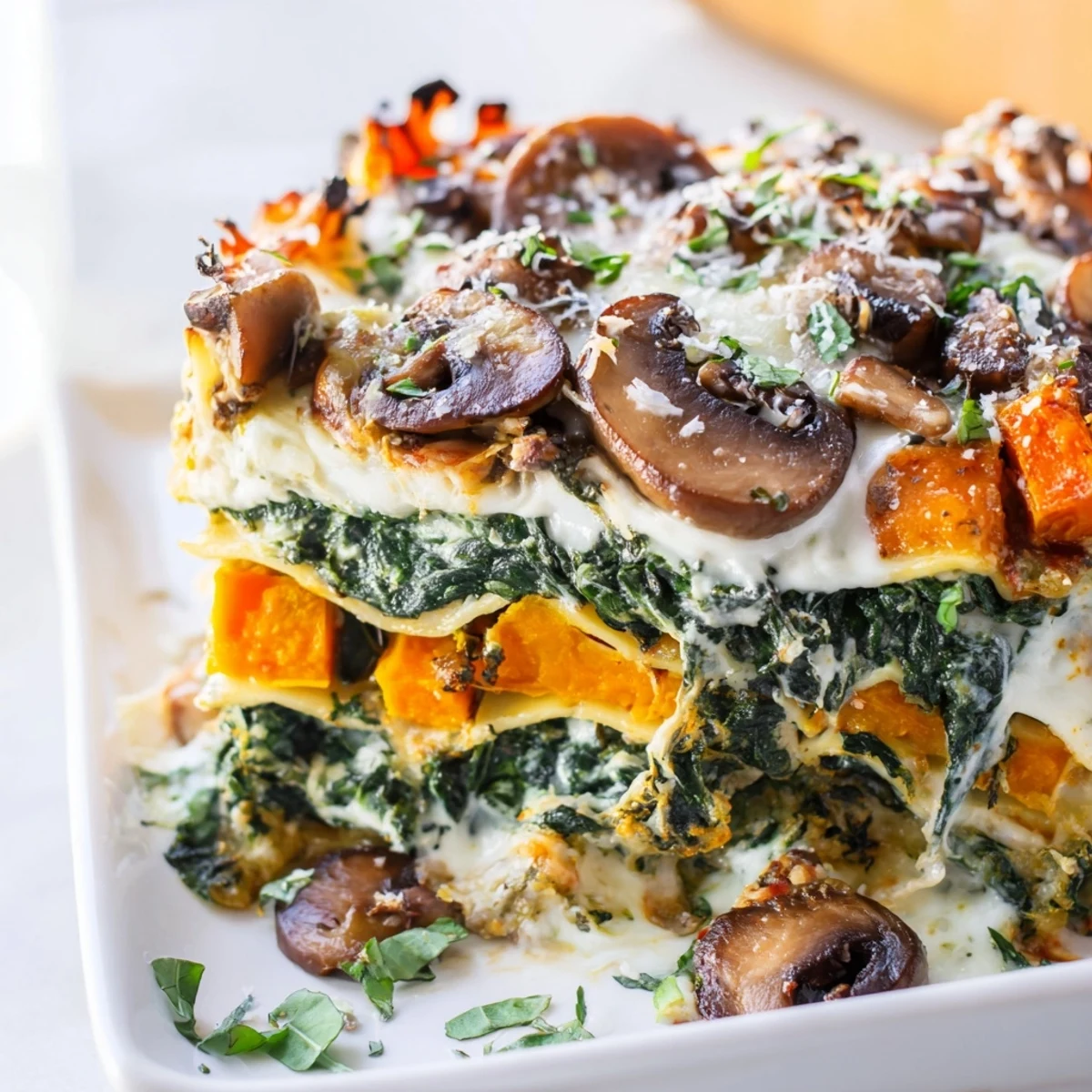 A hearty slice of Butternut Squash, Spinach & Mushroom Lasagna reveals roasted squash and spinach layers.