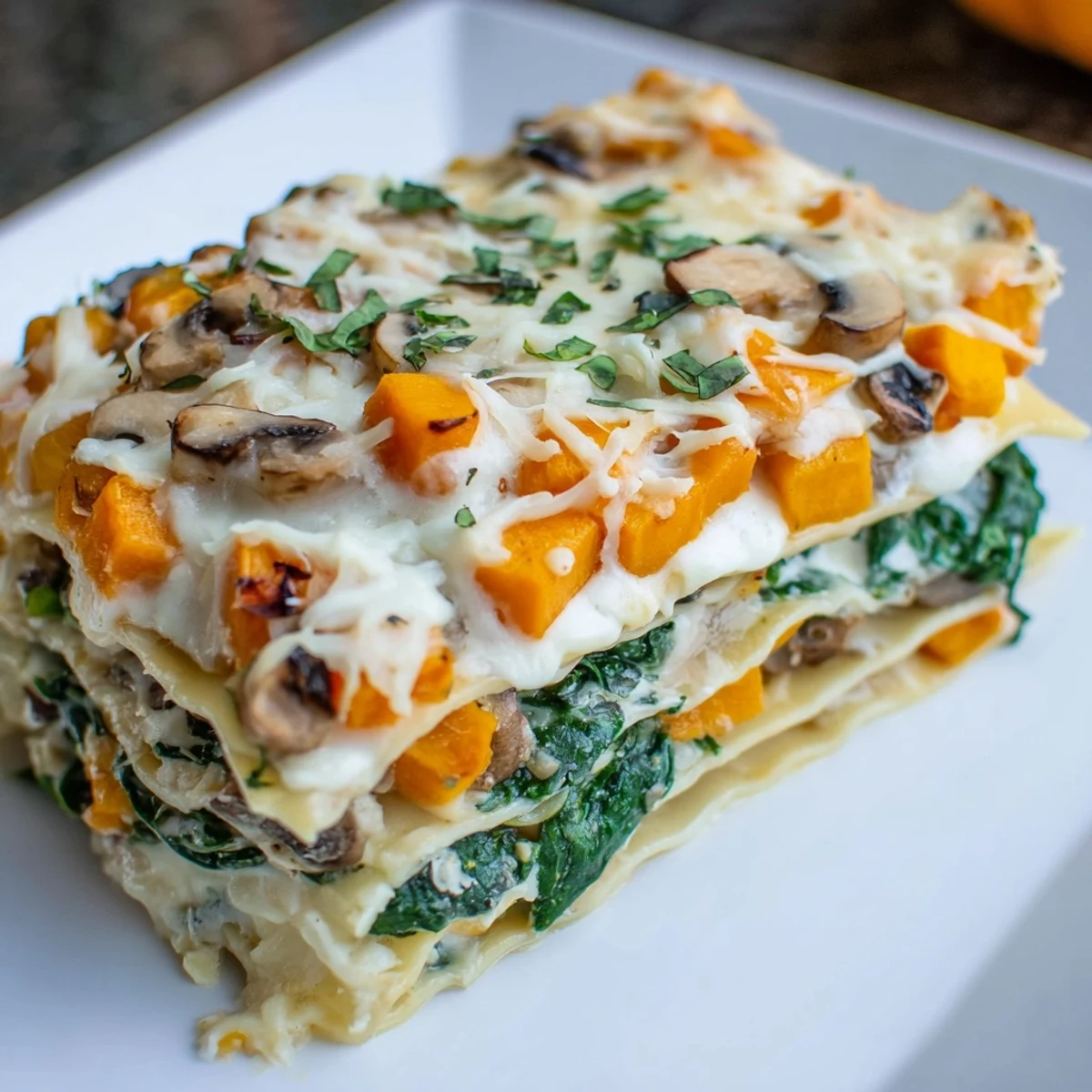A cozy serving of Butternut Squash, Spinach & Mushroom Lasagna on a plate with a crisp side salad.