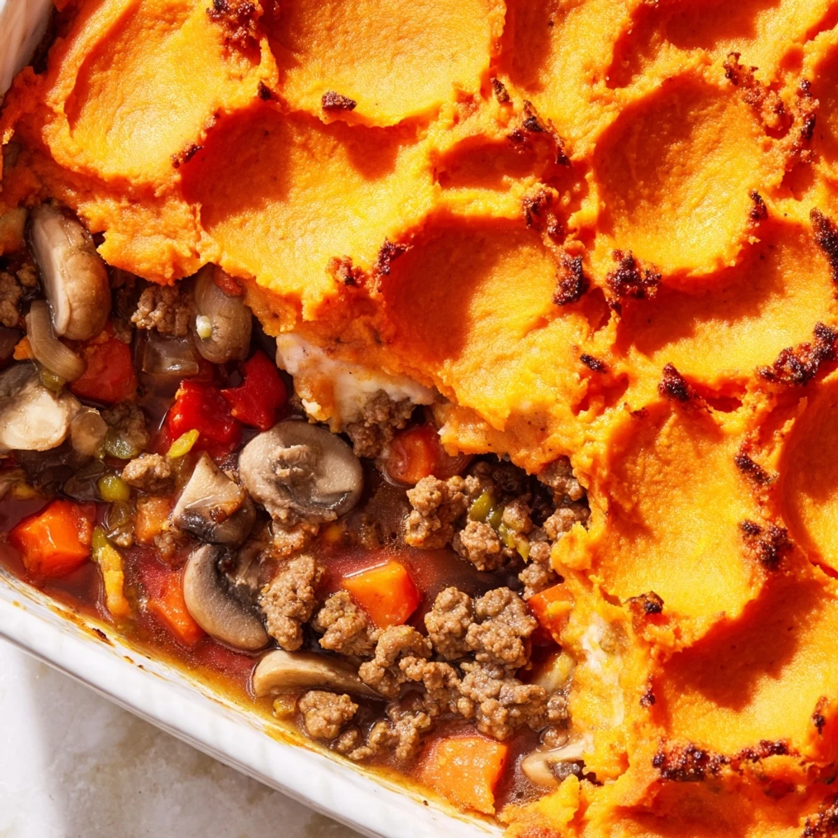 Golden brown creamy sweet potato mash tops a hearty Beef, Tomato & Mushroom Cottage Pie baked until bubbling.