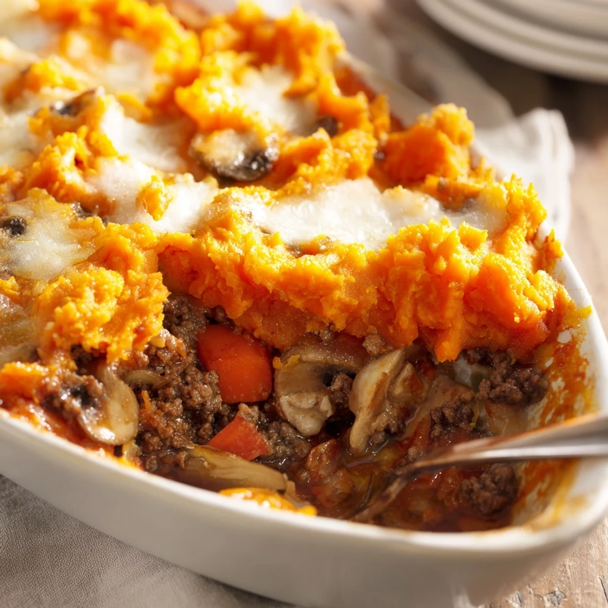 Hearty Beef, Tomato & Mushroom Cottage Pie served steaming from the oven with golden sweet potato crust.