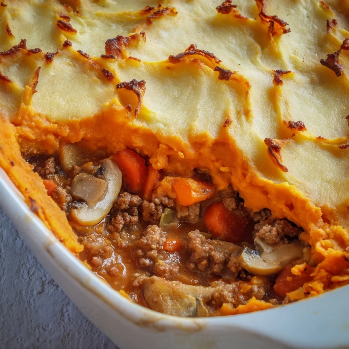 Savory ground beef, tomatoes, and mushrooms simmer in rich sauce beneath sweet potato mash topping.