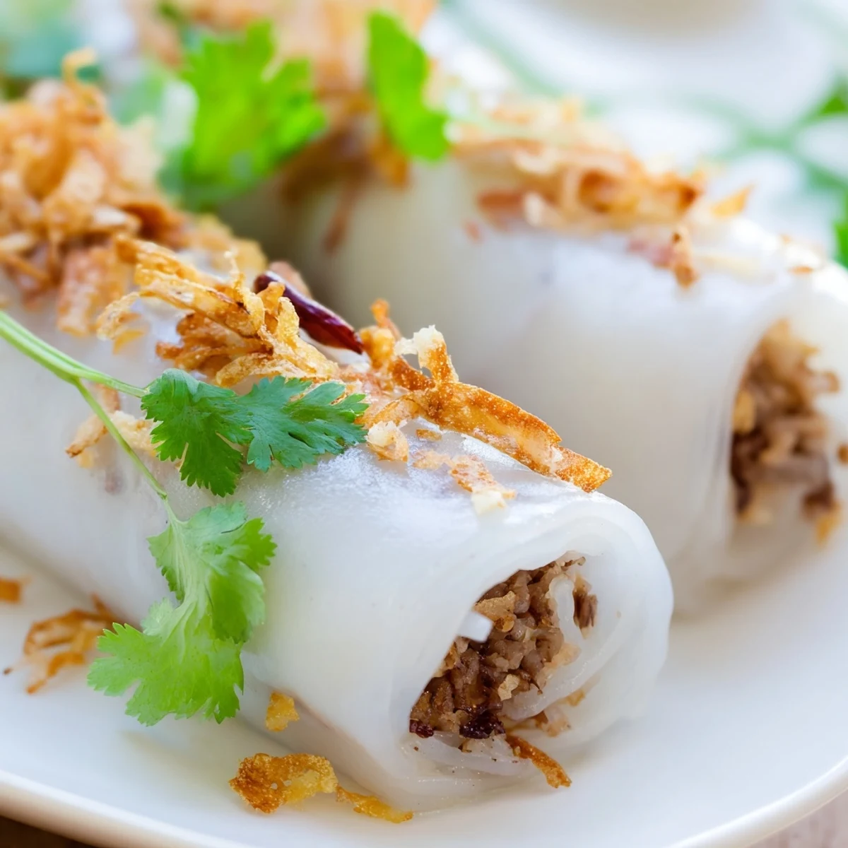 Handheld Banh Cuon with translucent rice batter, filled with ground pork and onions, served on a plate with herbs for a classic Vietnamese snack.