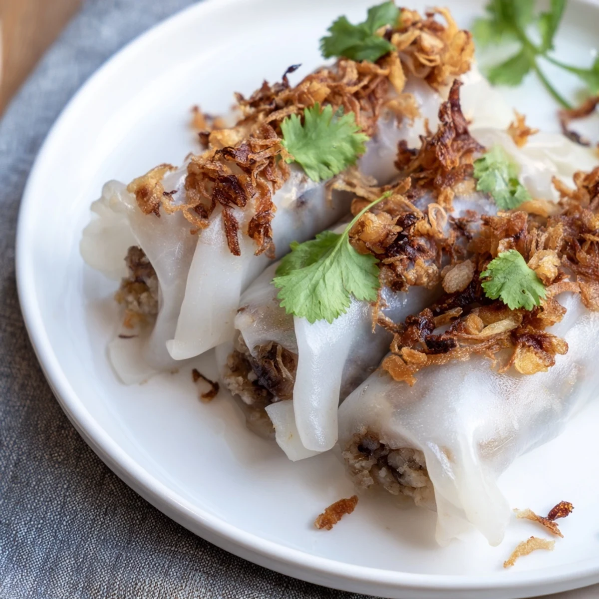 Garnished Banh Cuon displayed with cucumber slices and Vietnamese cha lua, served alongside a small bowl of tangy nuoc cham dipping sauce.