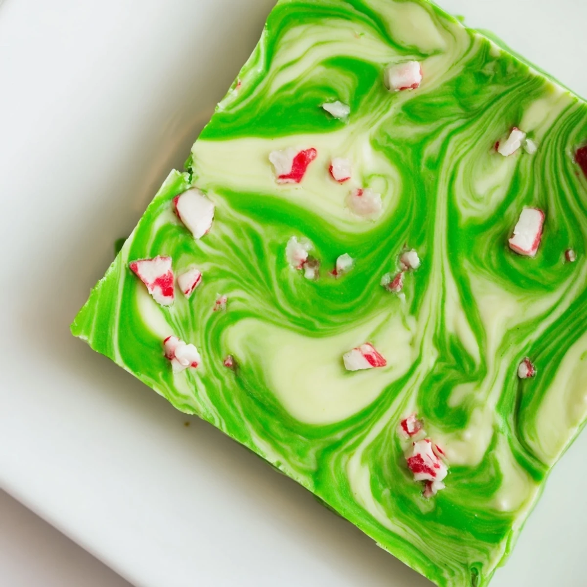 Freshly set Matcha Peppermint Bark pieces showcase vibrant green swirls on creamy white chocolate, topped with crushed peppermint candy canes for a festive holiday treat.