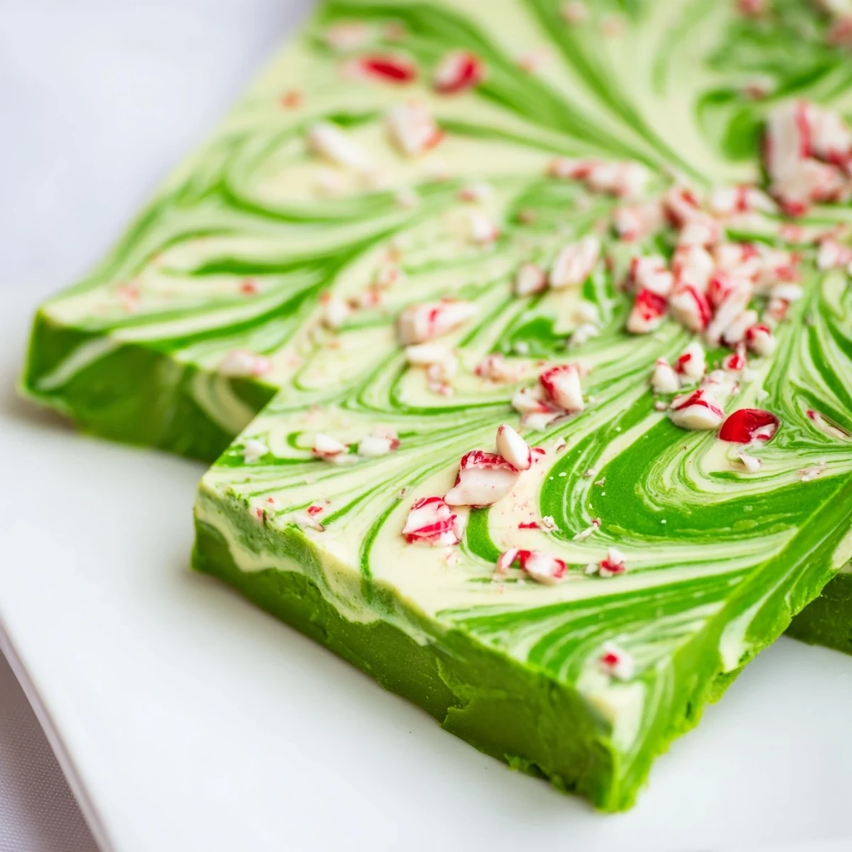 A close-up view of Matcha Peppermint Bark reveals a glossy marbled texture with earthy matcha drizzles, ready to be broken into homemade gift-sized shards.