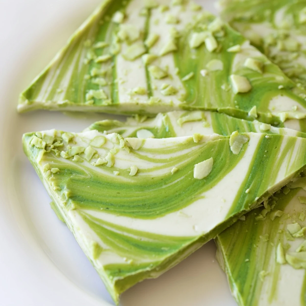 Artfully plated Matcha Peppermint Bark sits on a rustic wooden board, garnished with extra peppermint crumbs, perfect for a Christmas dessert platter or snack.