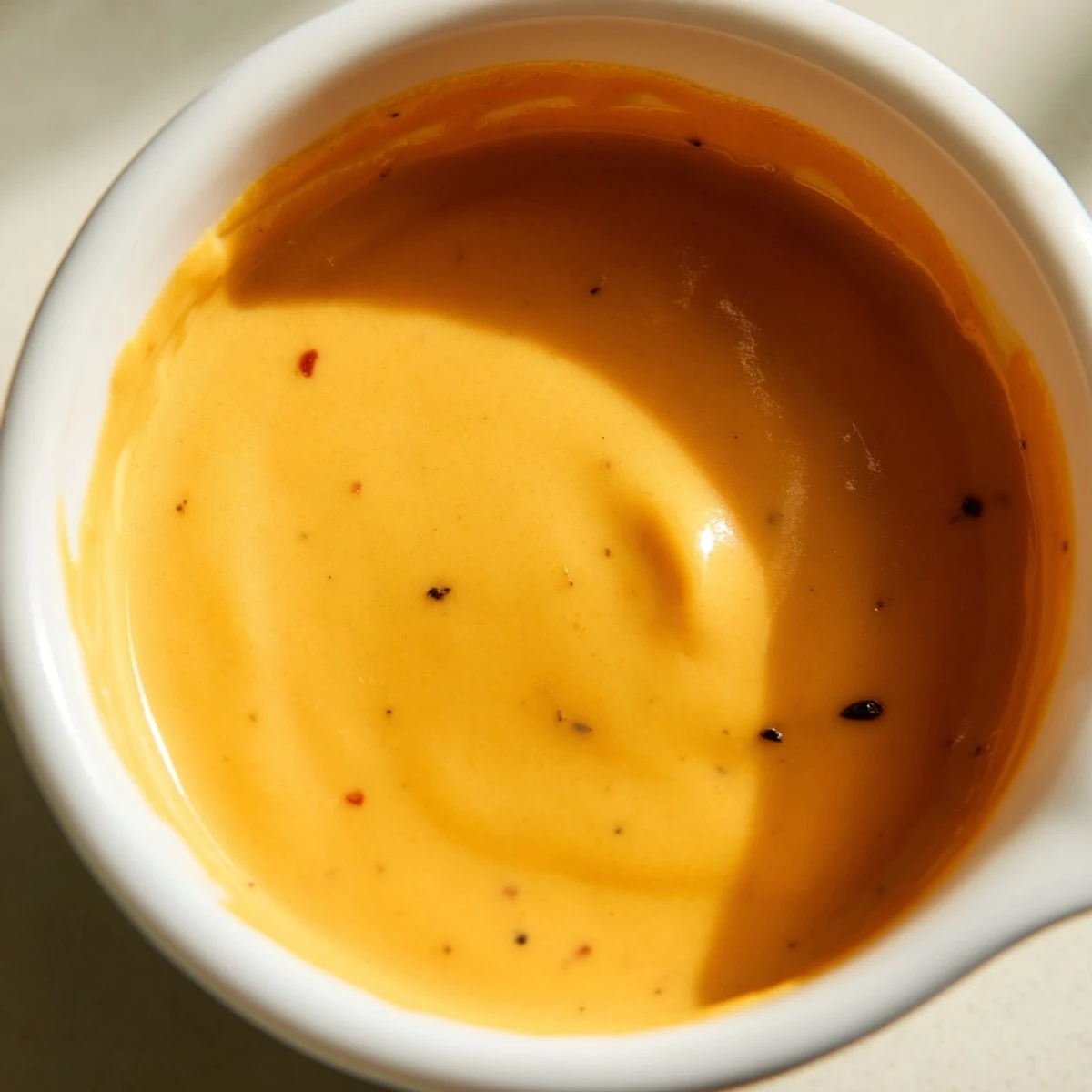 A creamy bowl of Snappy Cheddar Sauce, studded with sharp cheddar and ideal for dipping warm pretzels or nachos.