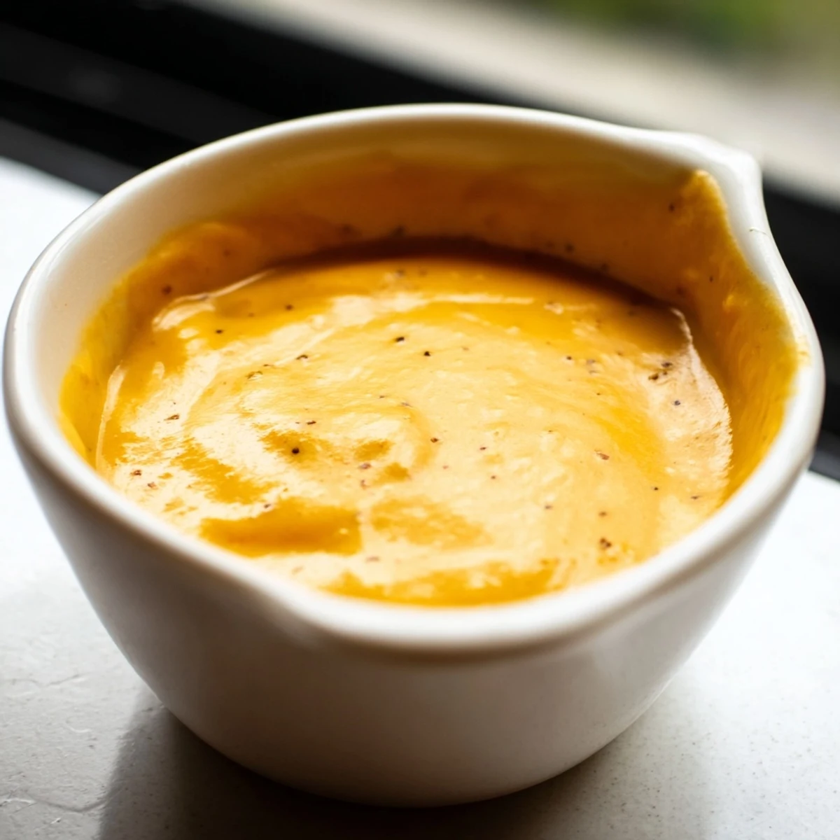 A smooth and velvety Snappy Cheddar Sauce, garnished with fresh herbs and served alongside crisp steamed broccoli florets.