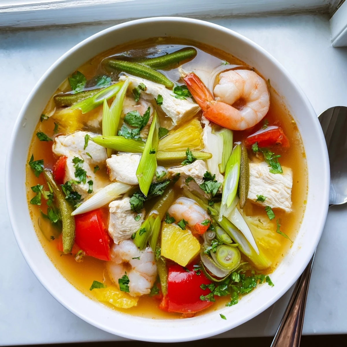 Close-up of Canh Chua soup showing tender white fish, pineapple chunks, and bean sprouts in a rich broth.
