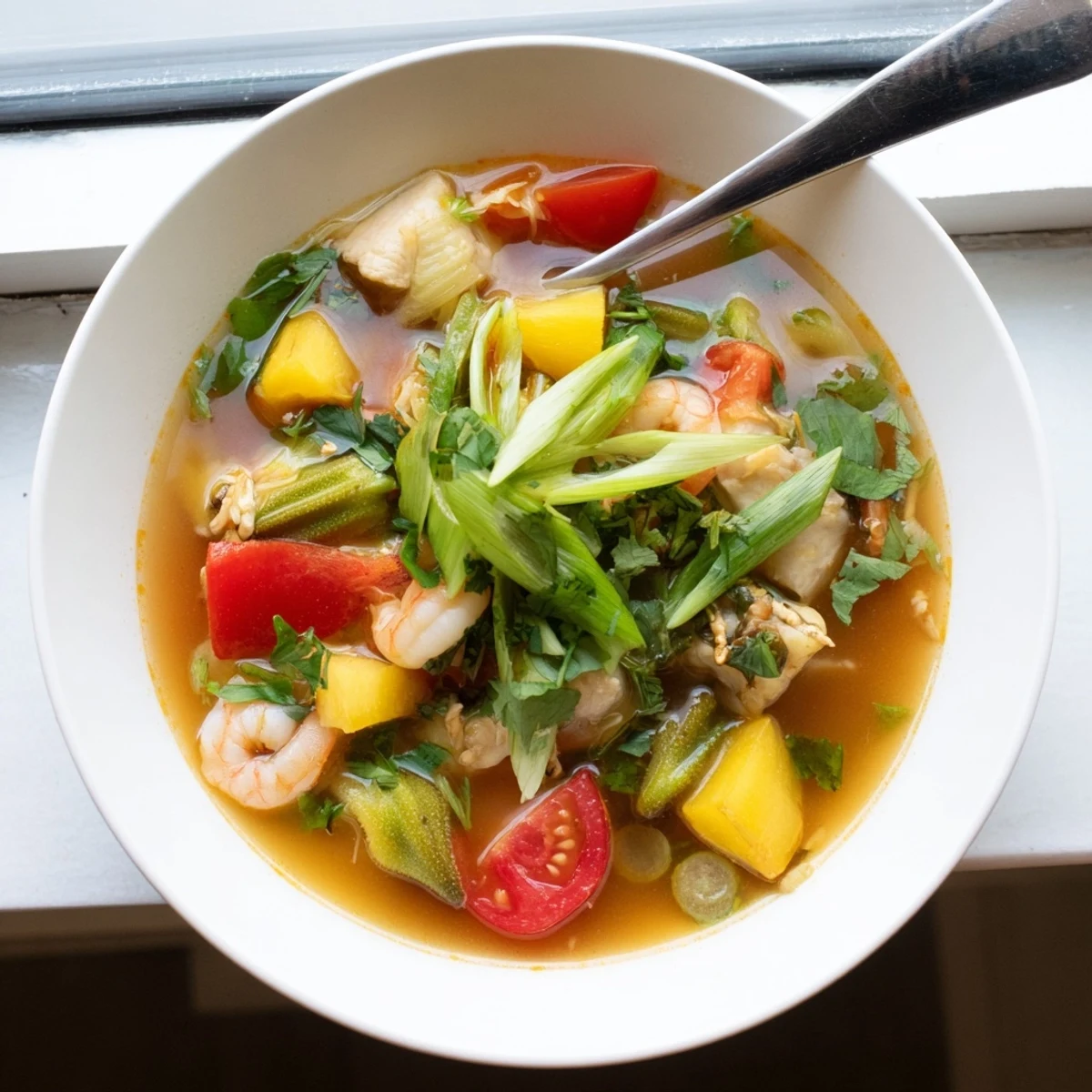 A steaming bowl of Canh Chua, a vibrant Vietnamese sweet and sour soup, topped with fresh cilantro and chilies.
