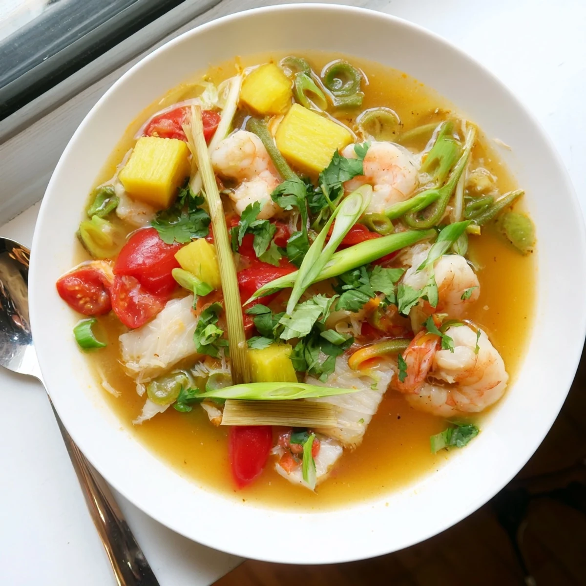 A colorful bowl of Canh Chua served with steamed rice, garnished with Thai basil and fresh spring onions.