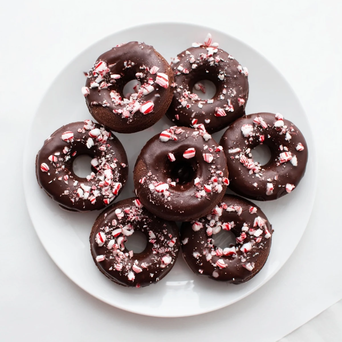 A close-up of glazed Chocolate Peppermint Mochi Donuts topped with festive peppermint bits, perfect for a holiday dessert platter.