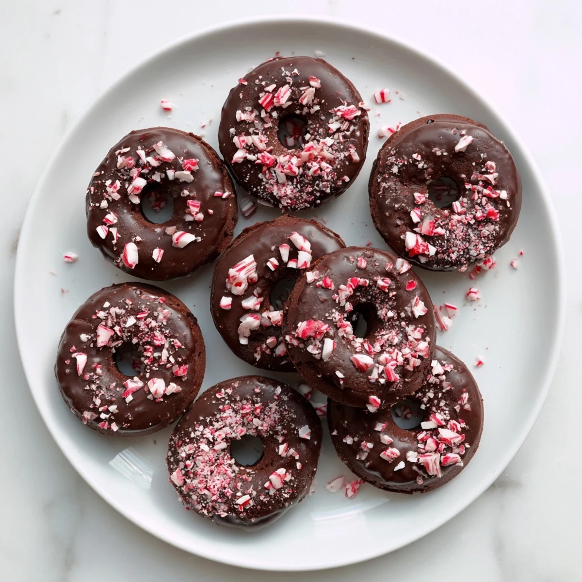 Moist and chewy Chocolate Peppermint Mochi Donuts drizzled with glaze and red candy cane crumbs on a white plate.
