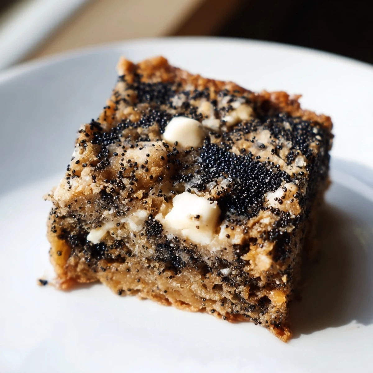 Overhead view of Black Sesame Blondies arranged on a ceramic plate, ready to serve with a glass of cold milk nearby.