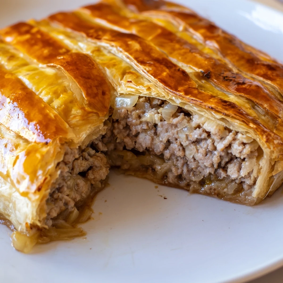 A close-up of golden Pate Chaud pastries on a white plate, highlighting the flaky puff pastry layers and savory pork filling inside.