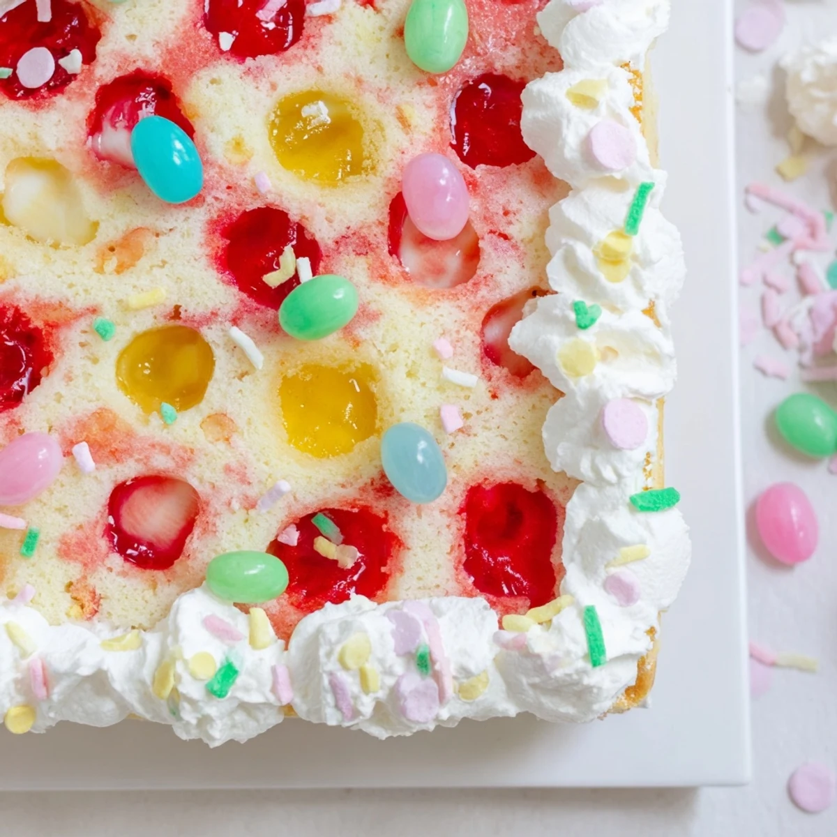 A slice of Easter Poke Cake with Vanilla Gelatin and Fruity Topping showcases vibrant red and yellow hues seeping into the moist crumb.