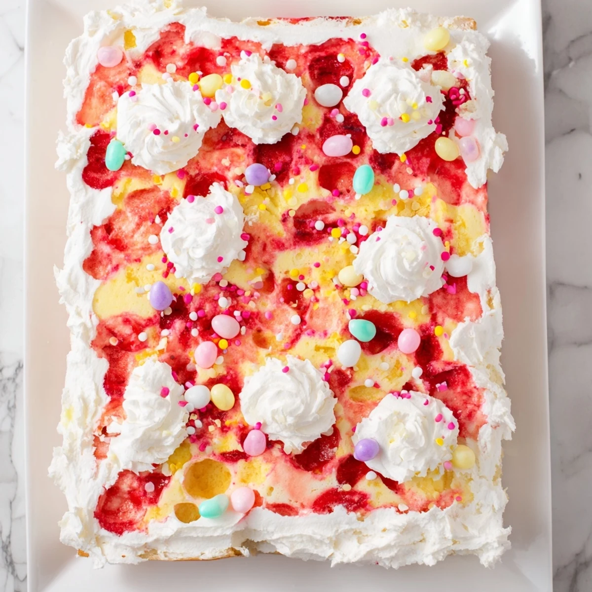 This festive Easter Poke Cake with Vanilla Gelatin and Fruity Topping is topped with fluffy whipped cream and pastel sprinkles.