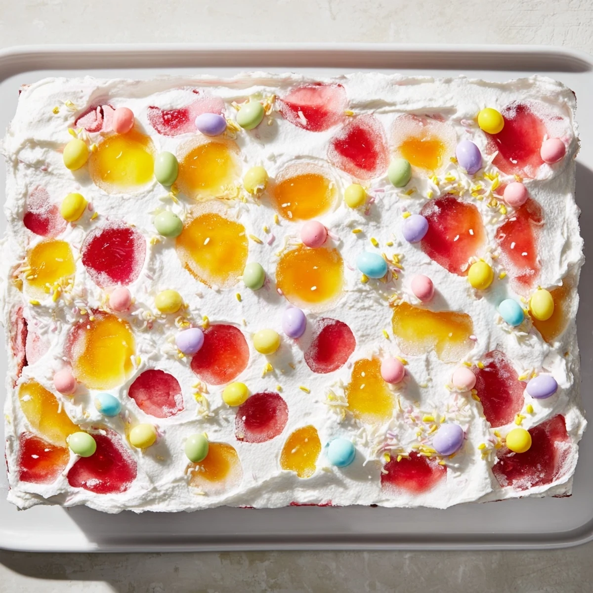 Bright spring colors shine in this Easter Poke Cake with Vanilla Gelatin and Fruity Topping, served on a white ceramic dessert plate.