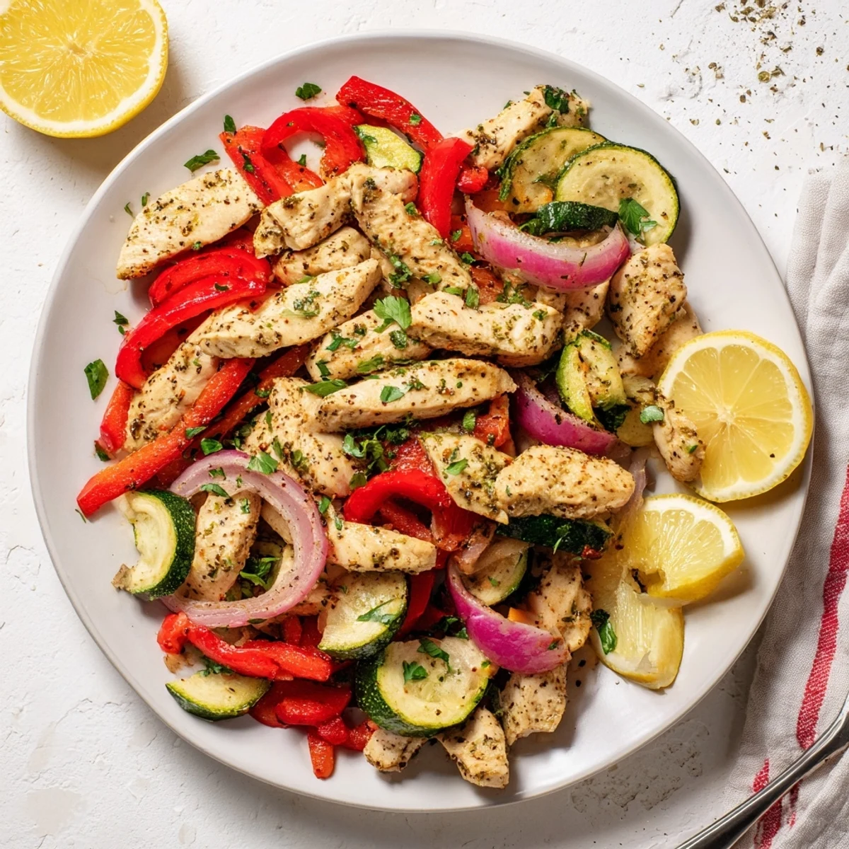 Juicy chicken strips, bell peppers, and zucchini in Mediterranean Chicken Stir Fry, sizzling in a skillet with fragrant garlic and oregano.