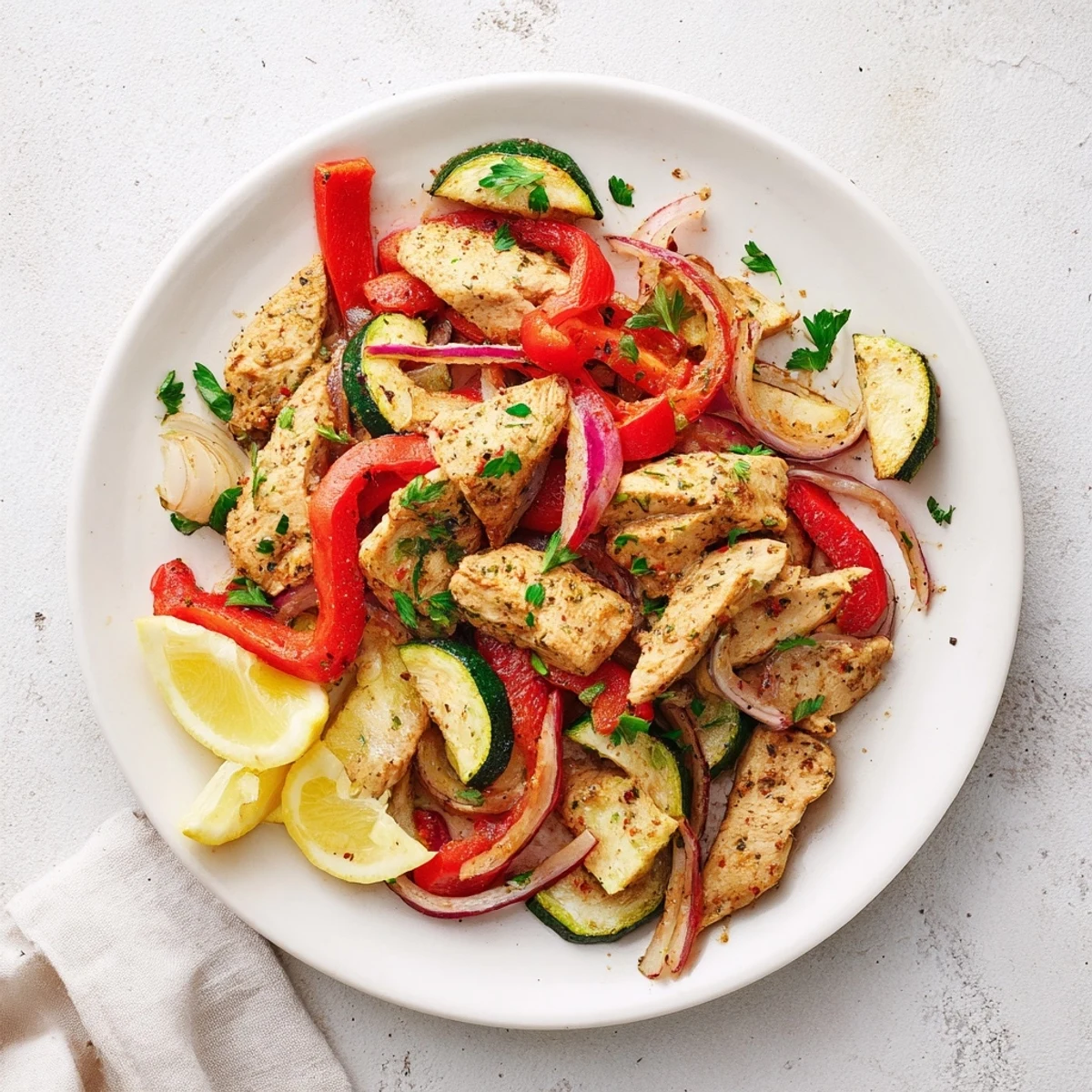 Bright Mediterranean Chicken Stir Fry plated with fresh parsley and lemon wedges, offering a vibrant, healthy main dish for four.