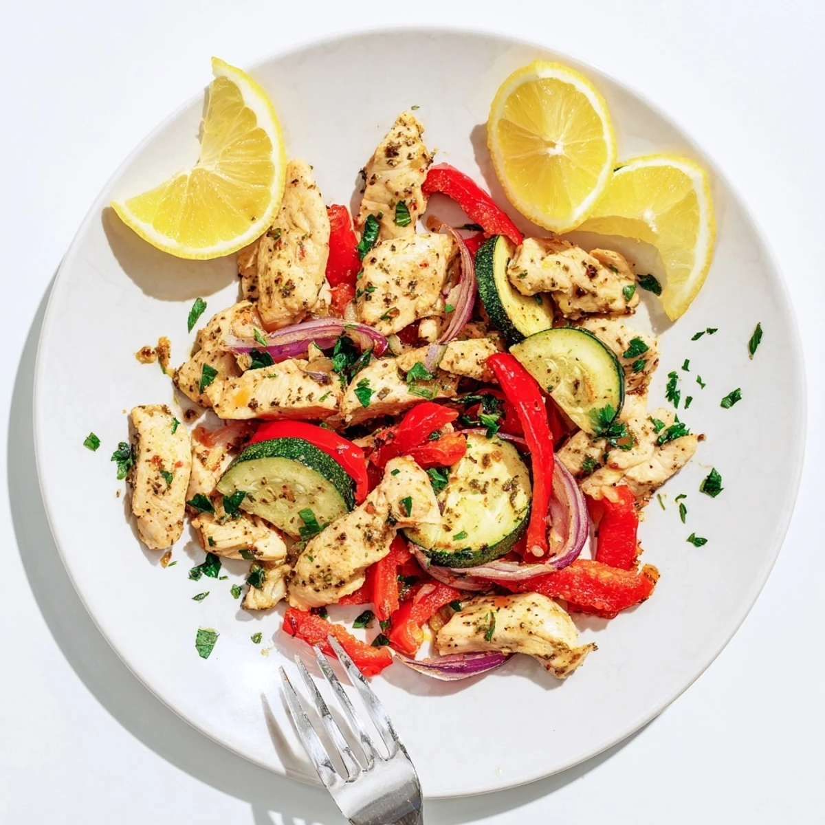 A colorful skillet of Mediterranean Chicken Stir Fry showcases tender chicken, crisp veggies, and golden edges, ready to serve hot.