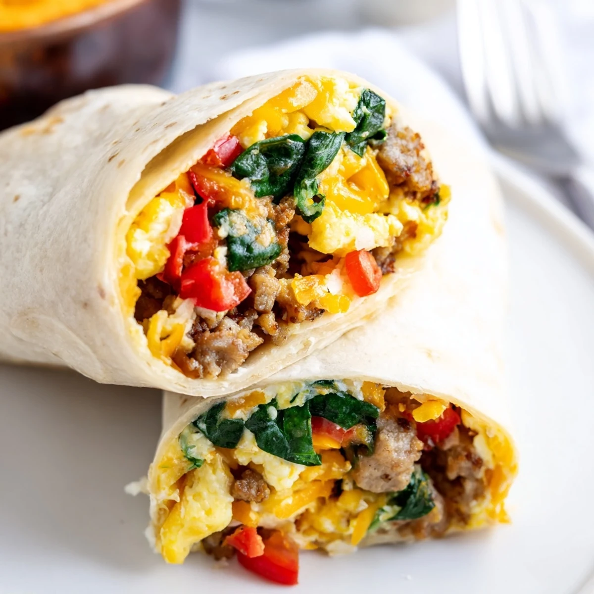 Golden-brown Make-Ahead Breakfast Burritos are served warm on a plate with fresh salsa and avocado slices.