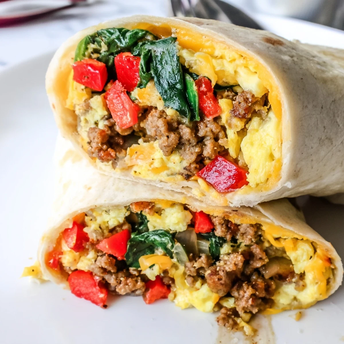Make-Ahead Breakfast Burritos wrapped in foil sit beside a steaming mug of morning coffee.