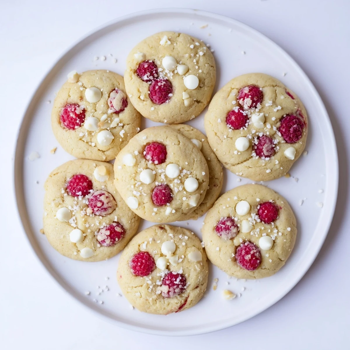 Soft Lemon Raspberry Cookies stacked on a white plate with fresh raspberries and lemon slices nearby.