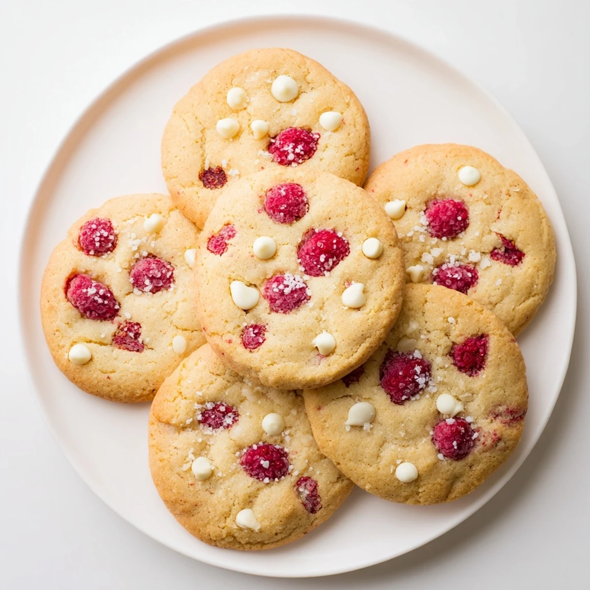 Golden Lemon Raspberry Cookies studded with juicy red berries sit on a cooling rack, ready for summer snacking.
