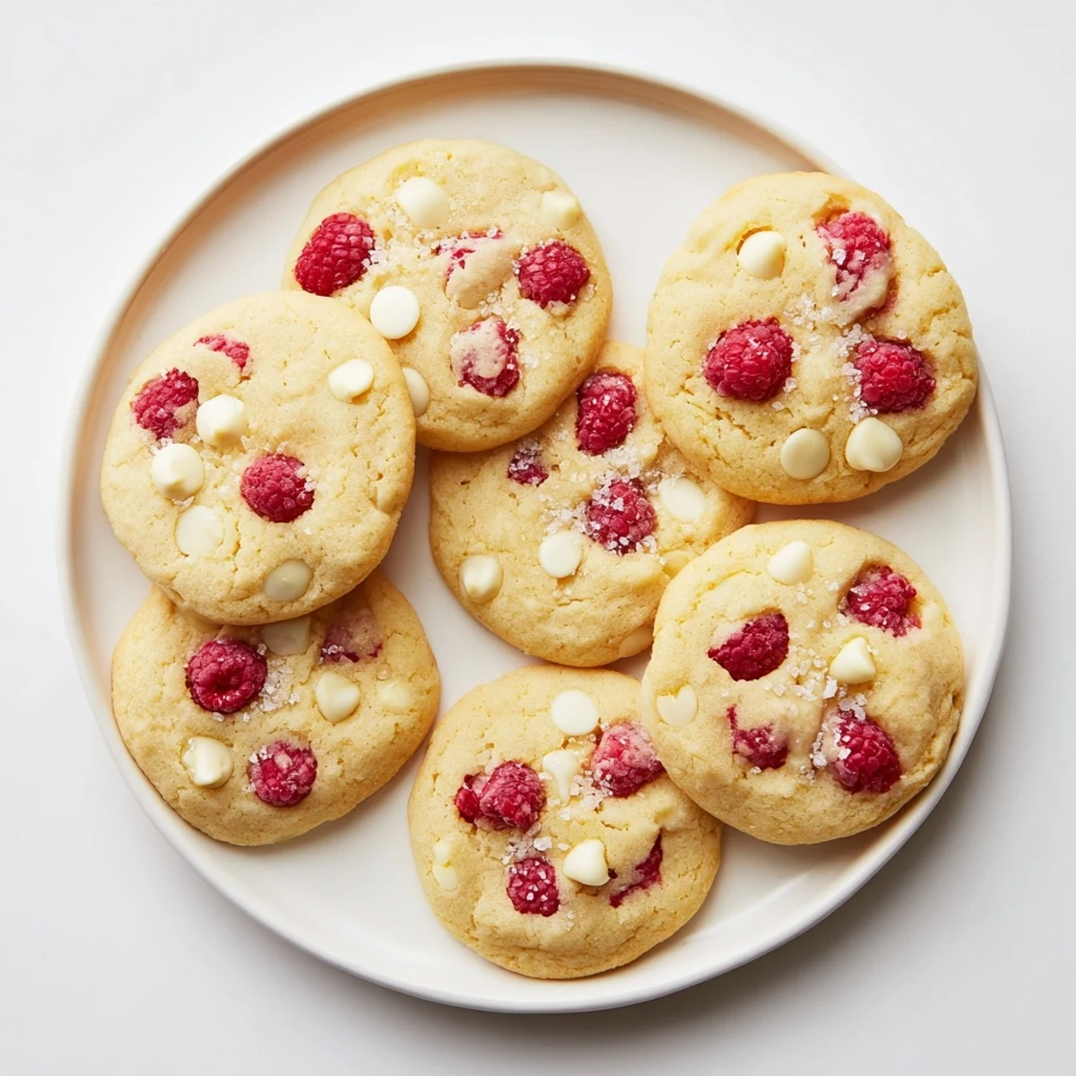 Plate of tender Lemon Raspberry Cookies with sparkling sugar tops, perfect with iced tea on a sunny day.