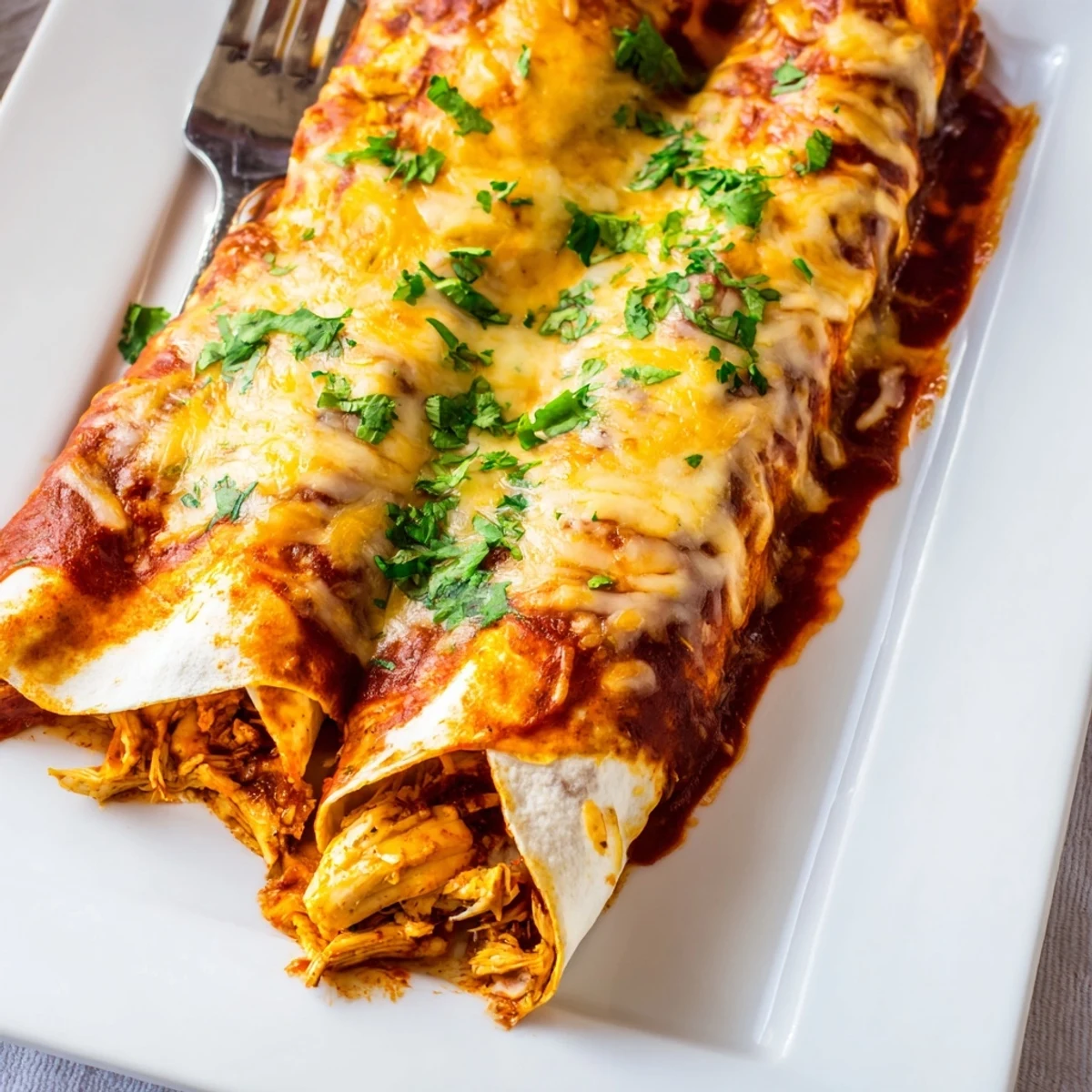 Golden-baked Chicken Enchiladas filled with shredded chicken and covered in zesty red sauce with melted cheese.
