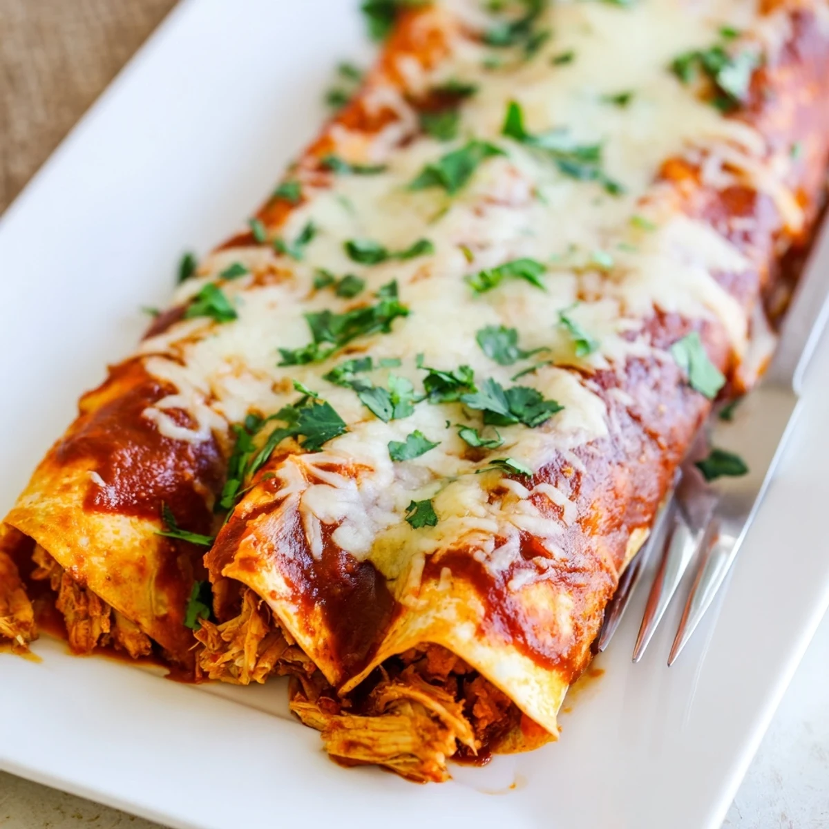 Steaming Chicken Enchiladas plated with sour cream and cilantro, showcasing soft tortillas and a rich red sauce.